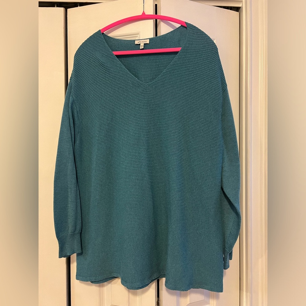 Ella Moss Ladies' Long Sleeve Ribbed V-Neck Sweater, Blue XXL